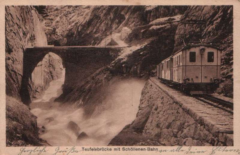 Ansichtskarte: Teufelsbrücke mit Schöllenenbahn zwischen 1917 und 1941